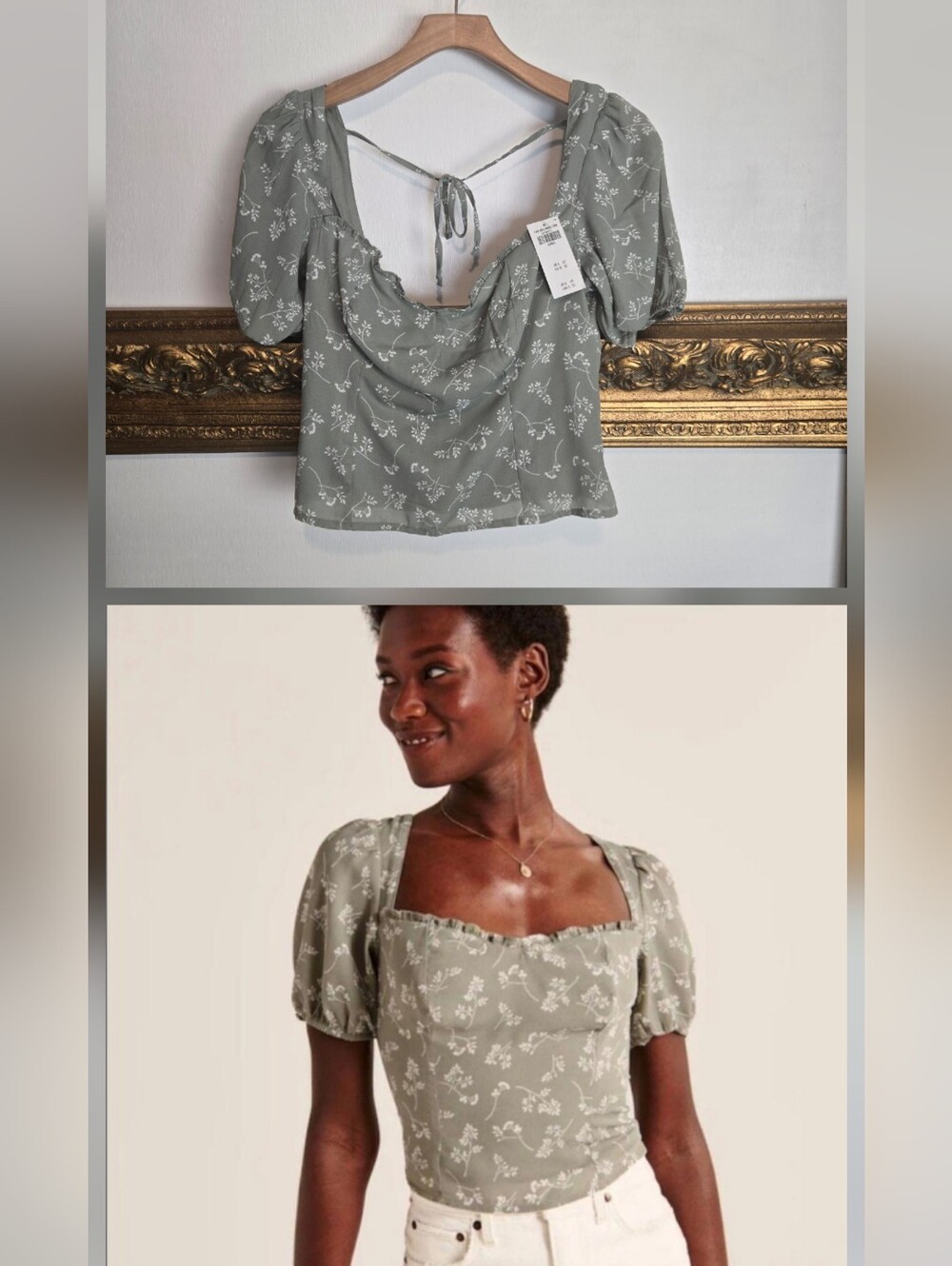 NWT Abercrombie And Fitch Floral Square-Neck Puff Sleeve Bustier Top Sage Green
